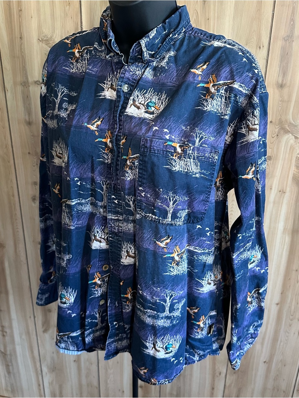 Vintage Outdoor Life Navy Duck & Marsh Print Button-Down Shirt All-Over print - Picture 2 of 12